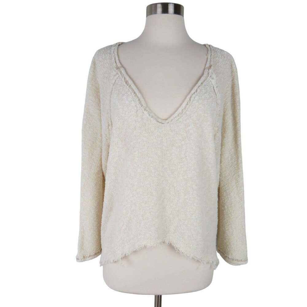 OUT FROM UNDER Women's Cream Terrycloth Long Sleeve Deep V Beach Cover Up Top M